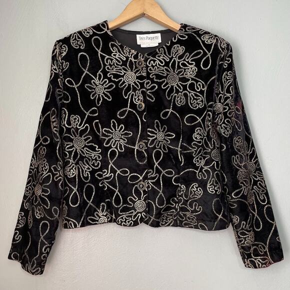 Vintage Size Medium Petite Soutache Gold Black Velvet Jacket Victorian Regency - Picture 1 of 12